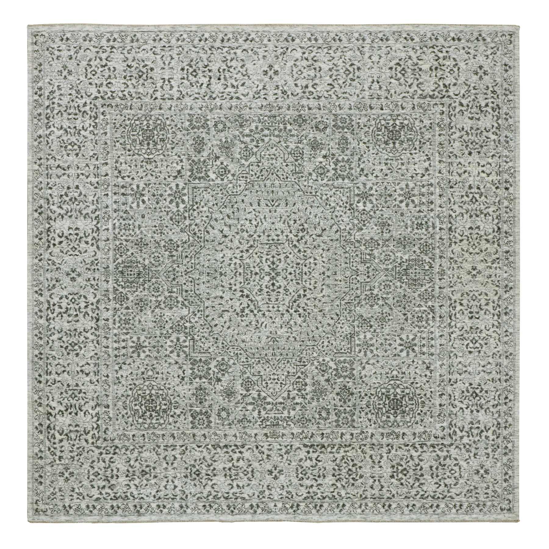 8'x8' Marshmallow White, Undyed Mamluk Dynasty Design, Tone on Tone, Pure Wool, Hand Knotted Square Oriental Rug 